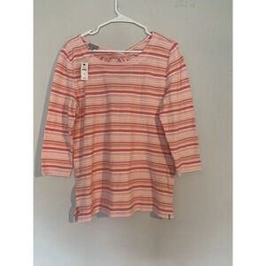 T by TALBOTS Size Med Pink Orange Cotton Striped Keyhole Back Top NWT